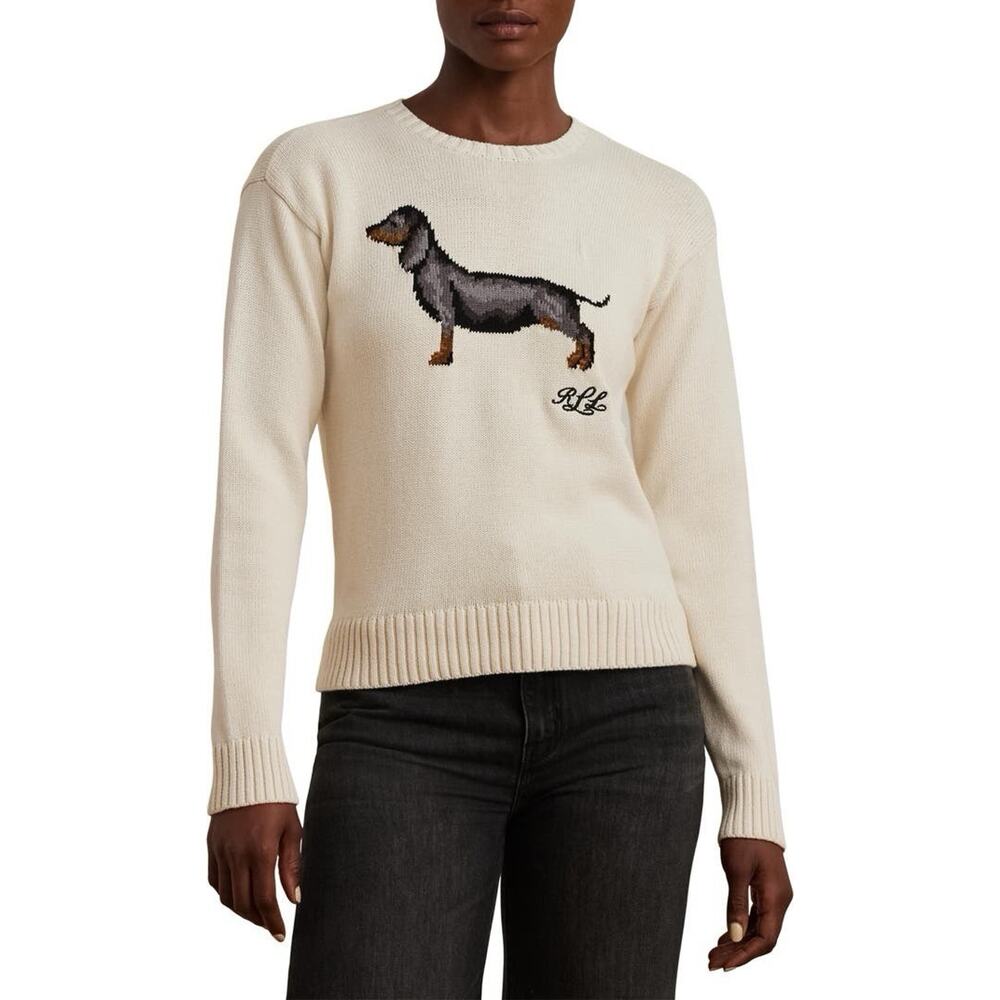 NWT Lauren Ralph Lauren Intarsia Dachshund dog Chalk Cotton Sweater XXL - Picture 8 of 11